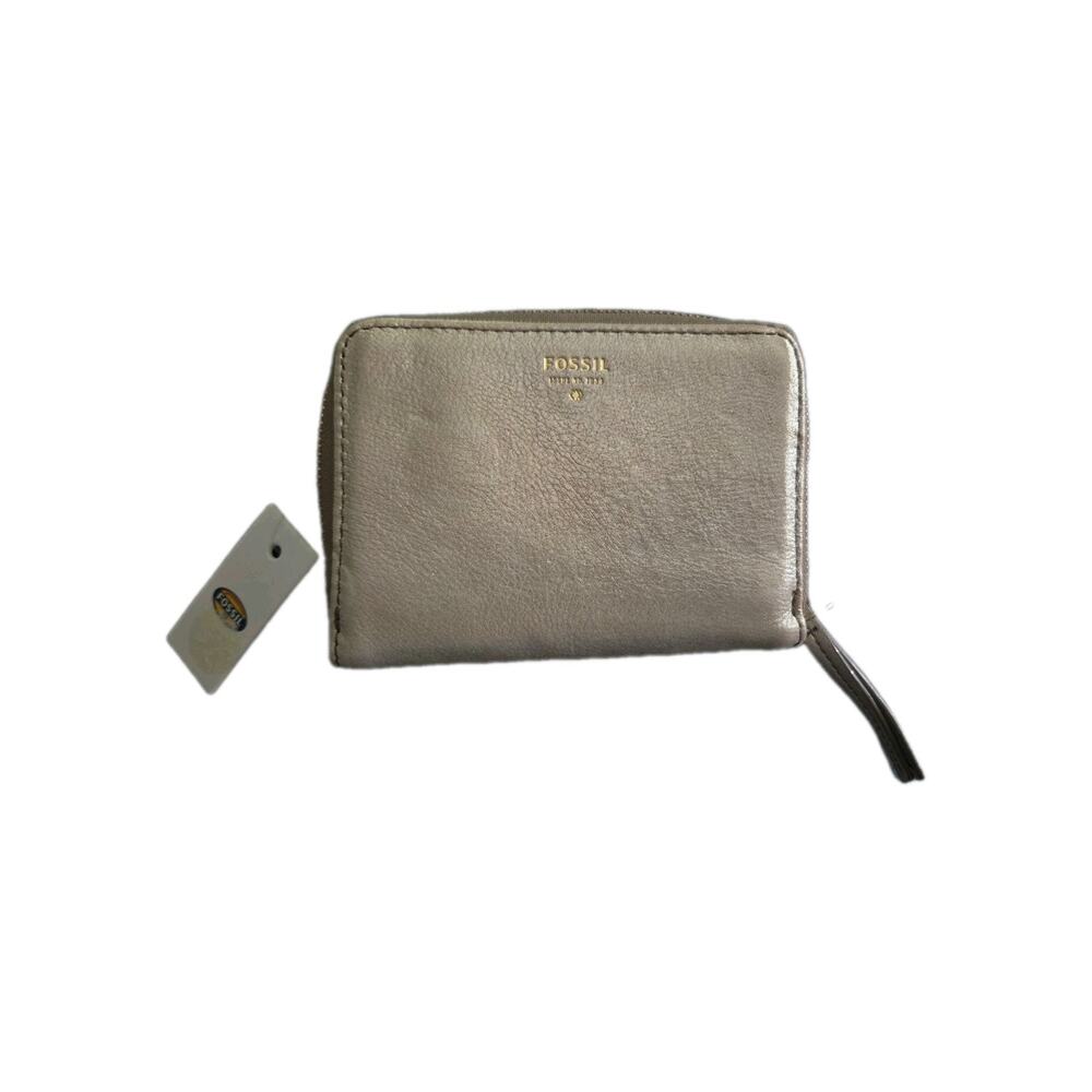 FOSSIL Sydney Multifunction Leather Wristlet Wallet Metallic Gold Zip Close New